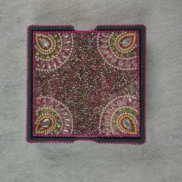 Other - Hand Beaded Jeweled Coaster Set w Tray Pink Boho Indian Decor 5 Pc
